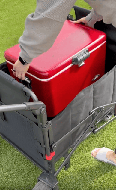 A person places a large red cooler into a black folding wagon on green grass. The person is wearing a gray top, white sandals, and a smartwatch.