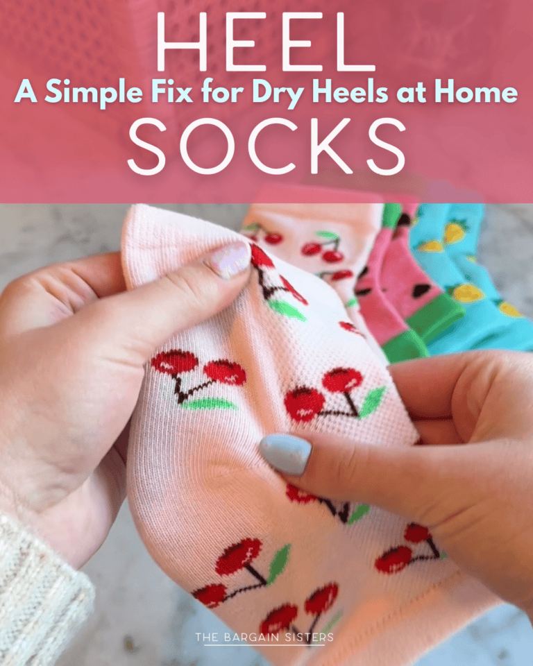 Hands holding a pair of pink socks with red cherry patterns. Other colorful socks are in the background. Overlaid text reads: “HEEL SOCKS: A Simple Fix for Dry Heels at Home.”.