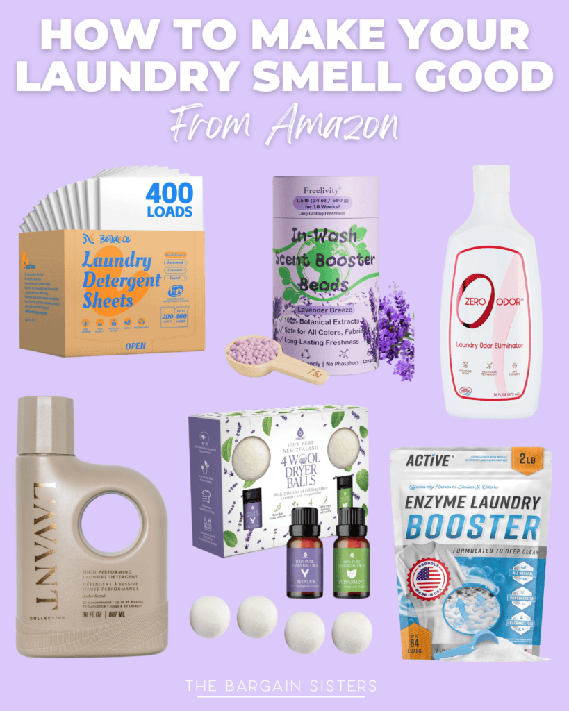 A collage of six Amazon laundry products with the text "How to Make Your Laundry Smell Good From Amazon." Featuring detergent sheets, scent booster beads, stain remover, wool dryer balls—everything you need for fresh laundry that really smells good.