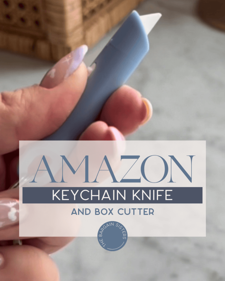 A hand holding a small blue keychain knife with a white blade. Text overlay reads “Amazon Keychain Knife and Box Cutter.” A wicker basket and a marble surface are in the background.