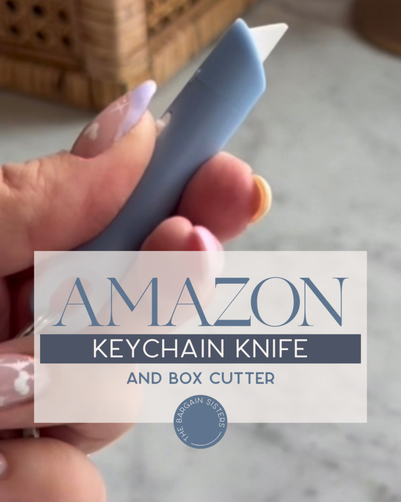 A hand holding a small blue keychain knife with a white blade. Text overlay reads “Amazon Keychain Knife and Box Cutter.” A wicker basket and a marble surface are in the background.