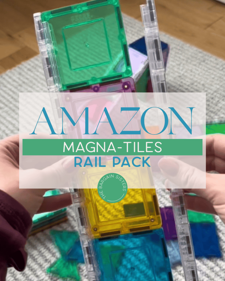 Hands holding colorful Magna-Tiles pieces, building a structure on a wooden floor. Text overlay reads: “Amazon Magna-Tiles Rail Pack.” Other Magna-Tiles are scattered in the background.