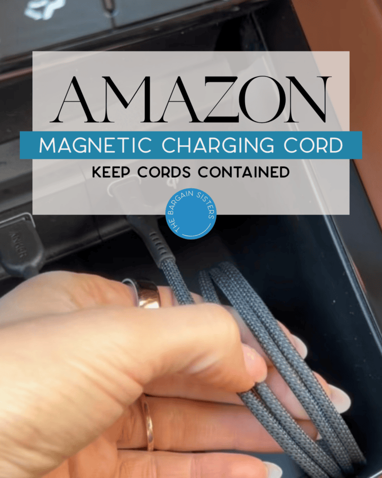 A hand holds a gray, magnetic charging cord inside a car. Text overlay reads: "Amazon Magnetic Charging Cord. Keep cords contained. The Bargain Sisters.