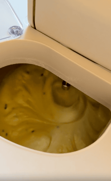 A close-up view of a creamy yellow mixture being blended in an automatic ice cream or gelato maker.