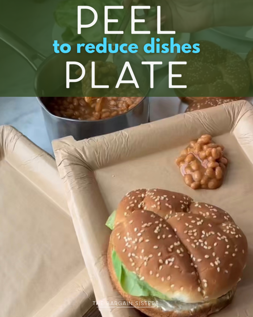 A burger on a bun, a serving of baked beans, and a pot of beans sit on top of a plate lined with brown paper. Text on the image reads, "PEEL to reduce dishes PLATE.