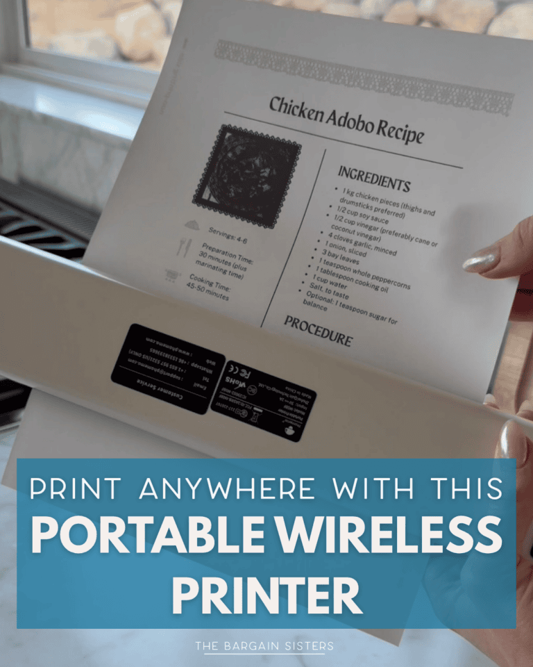 A person holds a freshly printed chicken adobo recipe next to a small portable wireless printer on a kitchen counter. Text overlay reads, “Print anywhere with this portable wireless printer.”.