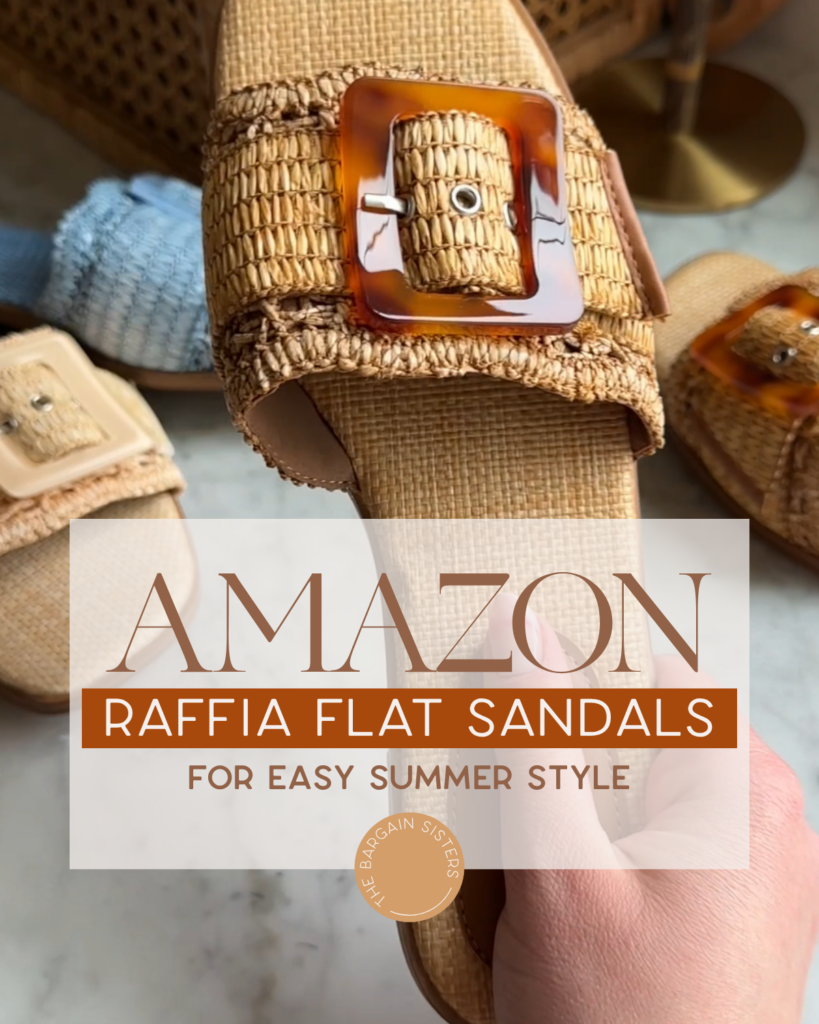 A hand holds a raffia flat sandal with a large brown buckle. Other similar sandals are in the background. Text overlay reads: “Amazon Raffia Flat Sandals For Easy Summer Style.”.