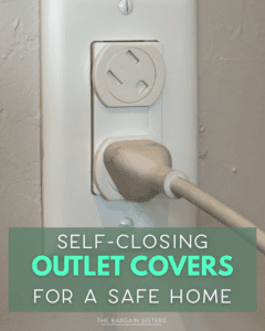A white electrical outlet with a self-closing cover is shown. One plug is inserted, and another outlet spot is covered. Text on the image reads: "Self-closing outlet covers for a safe home.