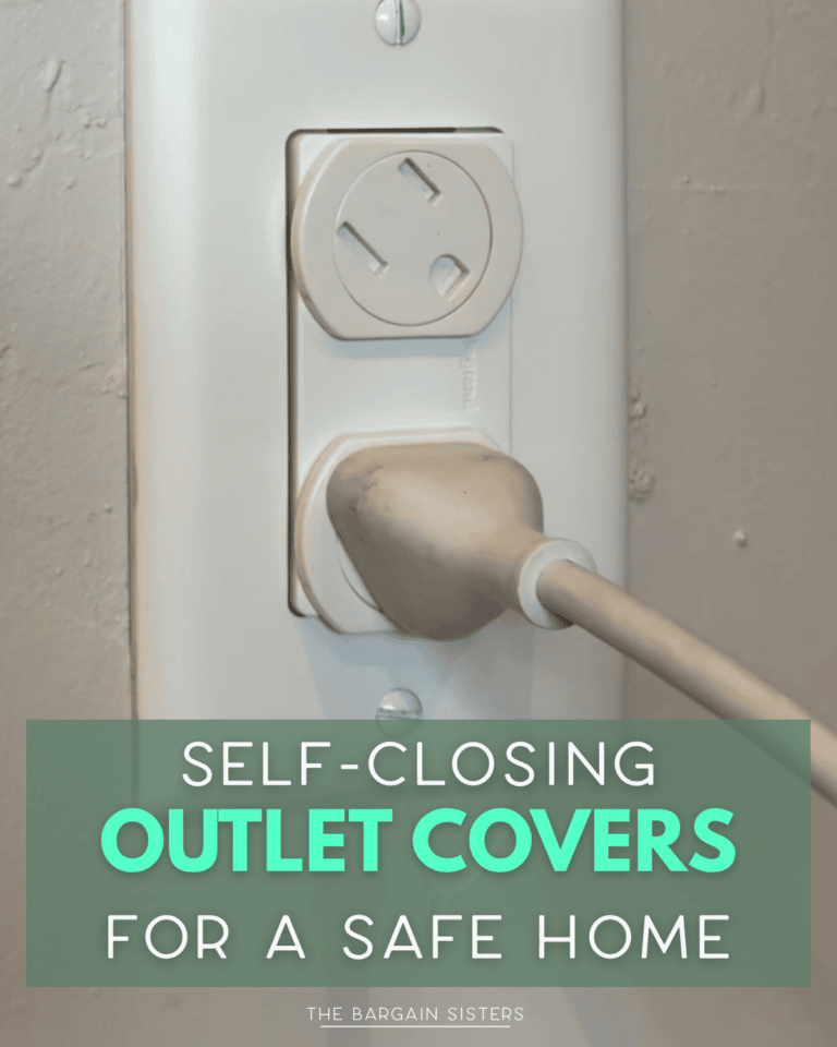 A white electrical outlet with a self-closing cover is shown. One plug is inserted, and another outlet spot is covered. Text on the image reads: "Self-closing outlet covers for a safe home.