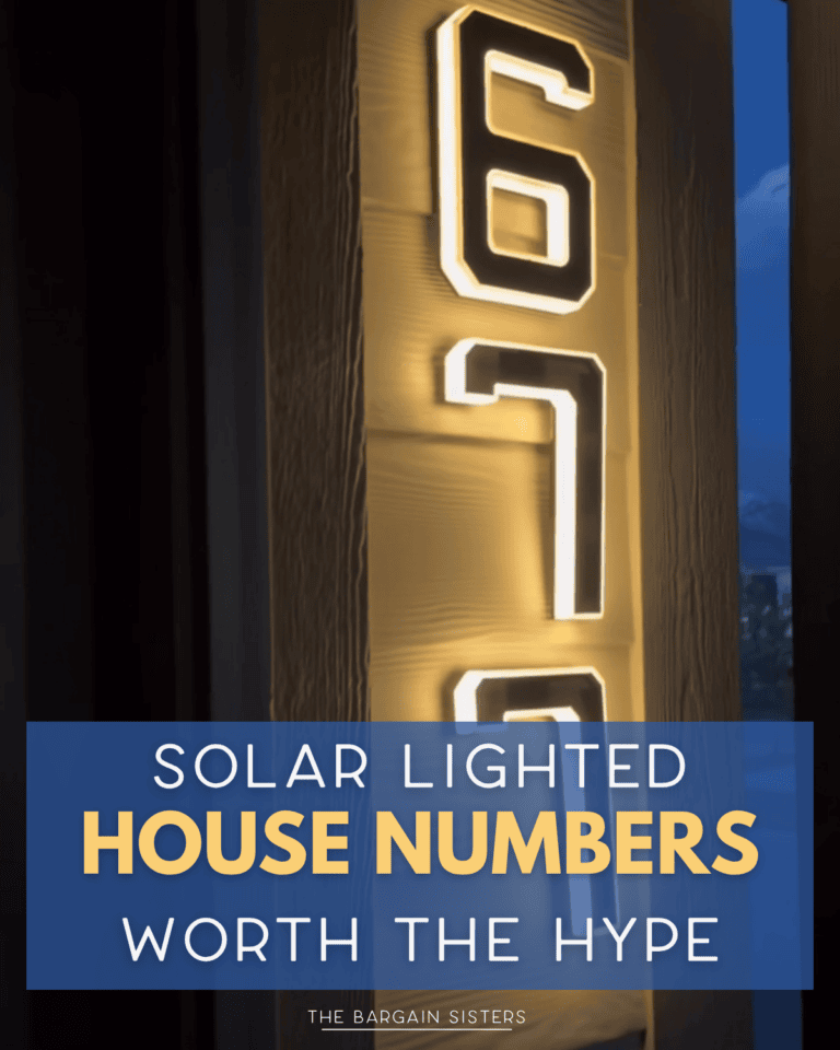 A vertical panel displays solar-lit house numbers "679" glowing at night. Text overlay reads: "Solar Lighted House Numbers Worth the Hype – The Bargain Sisters.