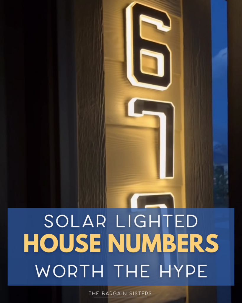 A vertical panel displays solar-lit house numbers "679" glowing at night. Text overlay reads: "Solar Lighted House Numbers Worth the Hype – The Bargain Sisters.