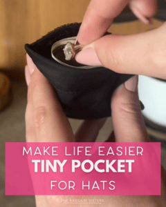 A hand places a ring into a small hidden pocket sewn inside a black hat. Overlaid text reads, "MAKE LIFE EASIER TINY POCKET FOR HATS.