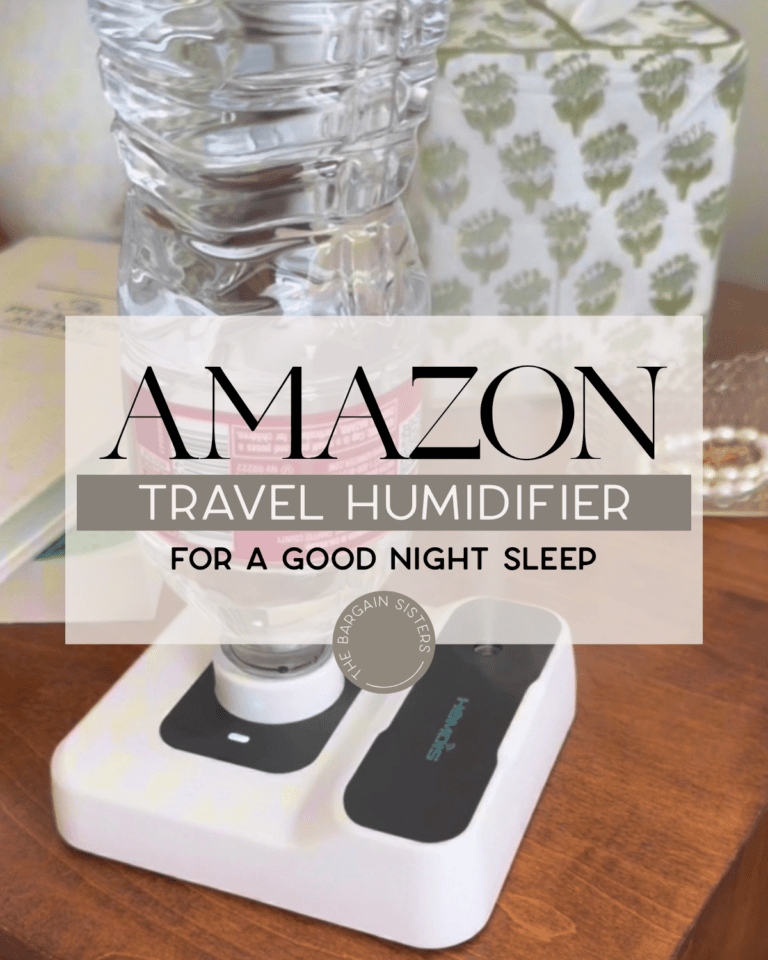 A compact travel humidifier with a water bottle attached, sitting on a bedside table next to a tissue box. Text overlay reads: "Amazon Travel Humidifier For A Good Night Sleep.