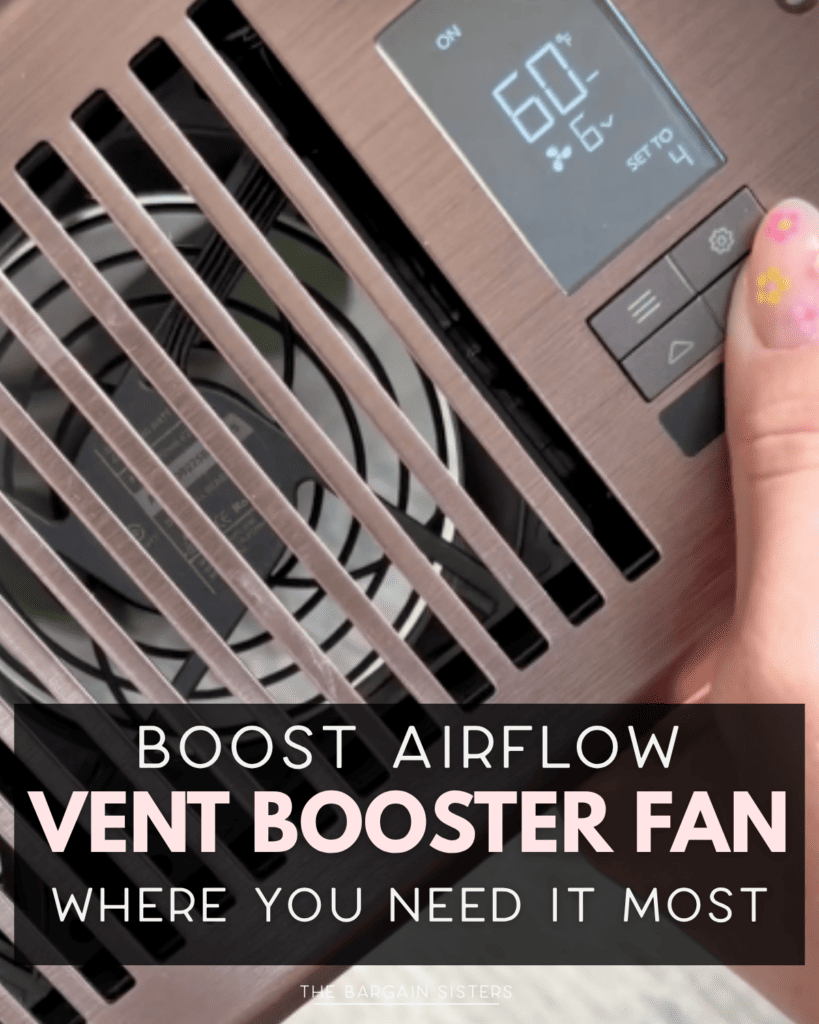 A hand with floral nail art adjusts the settings on a digital vent booster fan to boost airflow. The display reads 60°F. Text overlay says, "Boost Airflow: Vent Booster Fan Where You Need It Most.