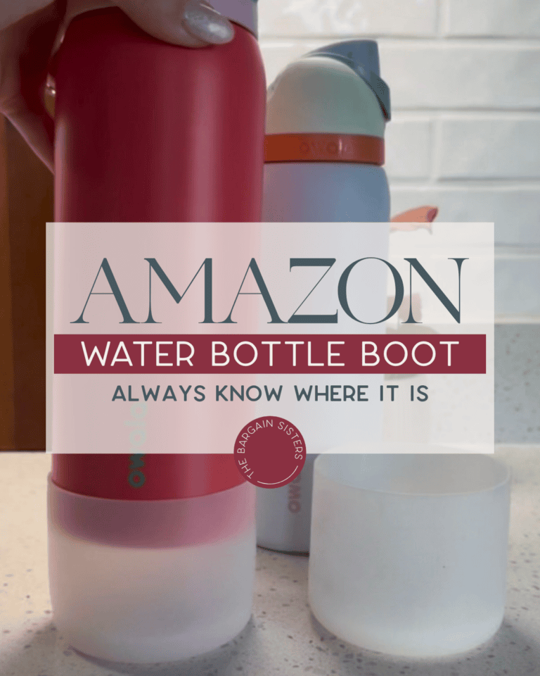 A hand holds a pink water bottle with a silicone boot on the bottom. Two other bottles and a white silicone boot are on a counter. Overlaid text reads: “Amazon Water Bottle Boot – Always Know Where It Is.”.