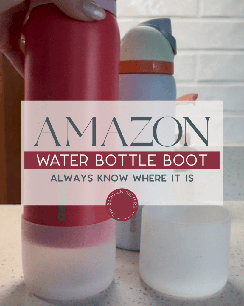 A hand holds a pink water bottle with a silicone boot on the bottom. Two other bottles and a white silicone boot are on a counter. Overlaid text reads: “Amazon Water Bottle Boot – Always Know Where It Is.”.