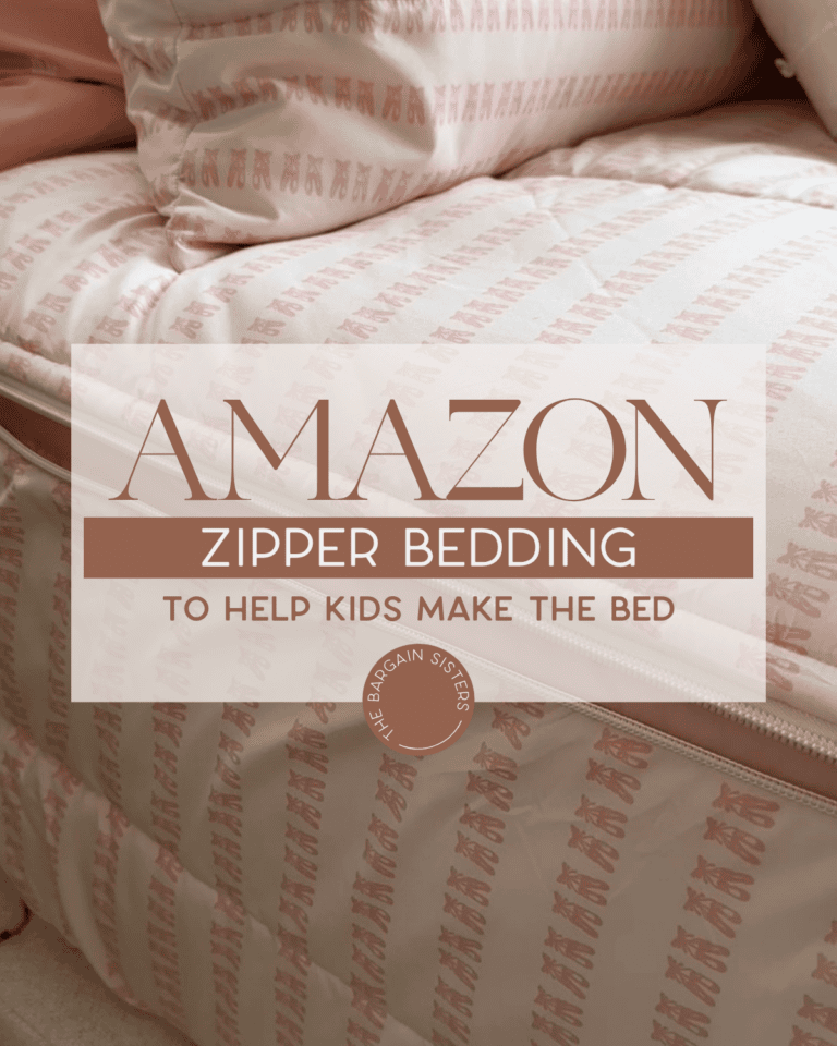 Close-up of a neatly made bed with pink and white striped bedding featuring a zipper. Text overlay reads: "Amazon zipper bedding to help kids make the bed.