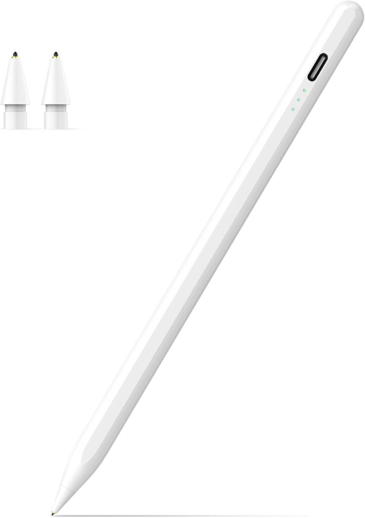 A white digital stylus pen with a USB-C port and LED indicator lights, shown diagonally on a white background. Two additional pen tips are displayed in the top left corner.