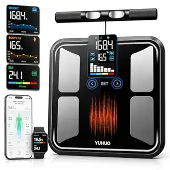 Digital smart body scale set displaying weight, body fat, and BMI metrics on a color screen, with sync options for a smartphone and smartwatch. Various health data are shown on digital displays above the scale.
