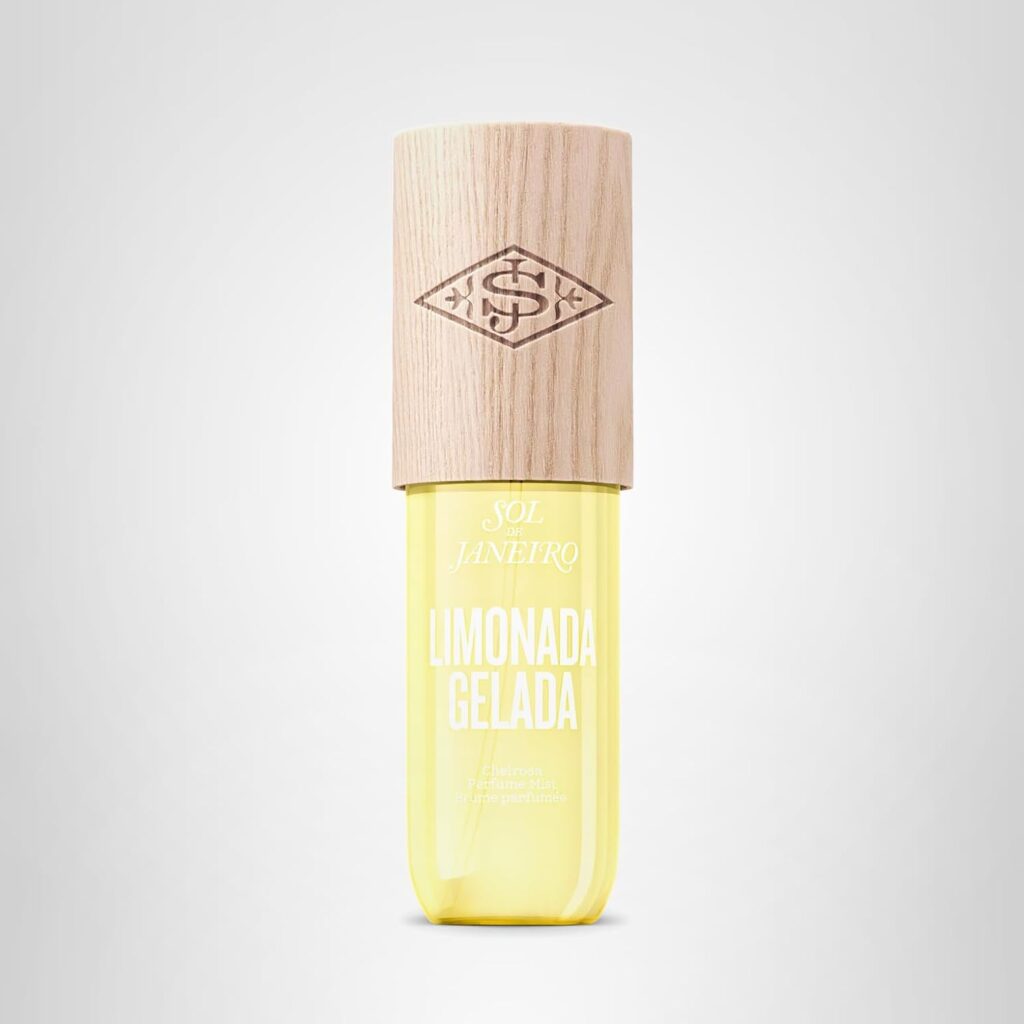 A yellow perfume bottle labeled "Limonada Gelada" by Sol de Janeiro, featuring a wooden cap with a carved logo, is showcased against a plain light gray background—perfect for scoring on Thursday Deals.