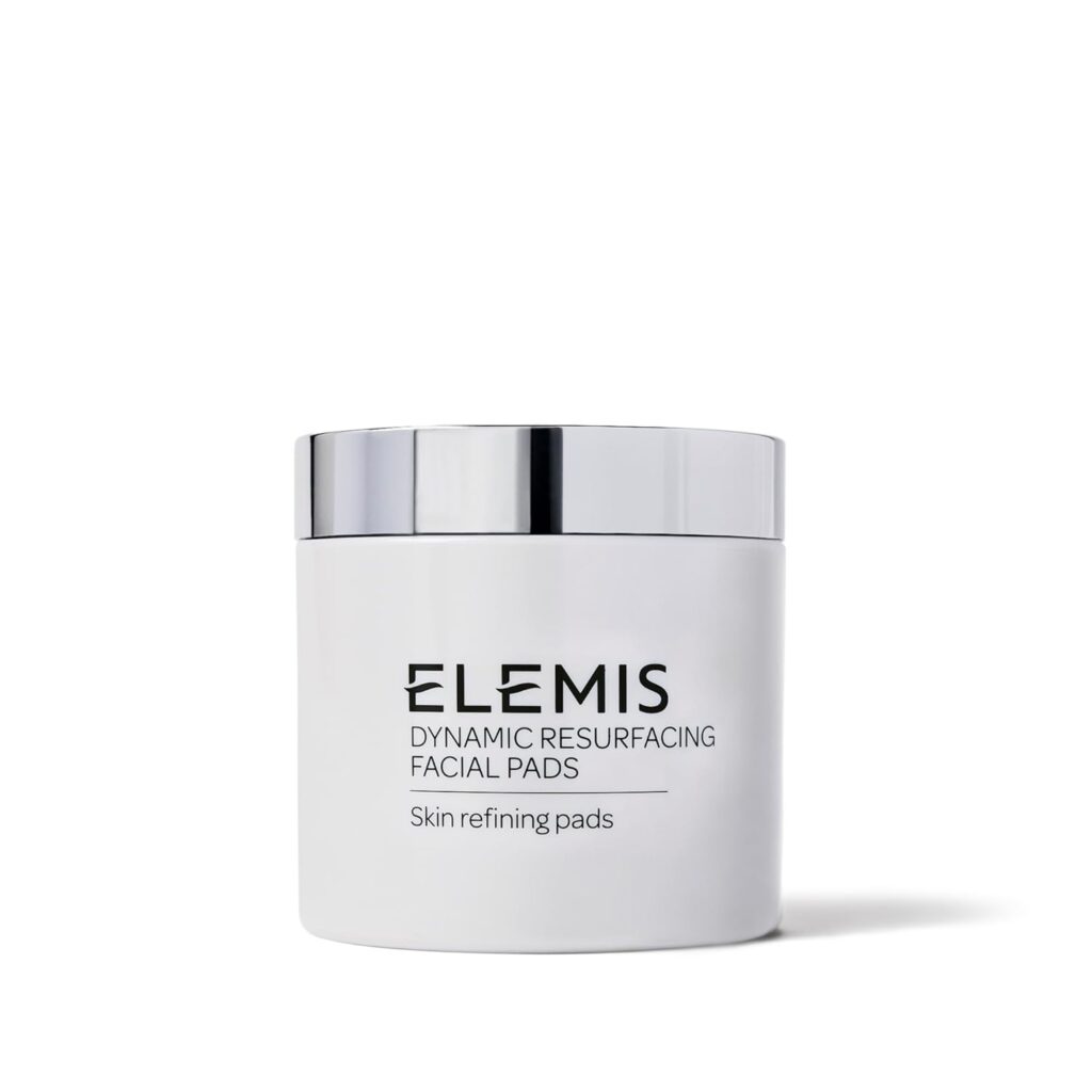 A white jar of Elemis Dynamic Resurfacing Facial Pads with a shiny silver lid, labeled "Skin refining pads," is showcased against a plain white background—perfect for discovering Tuesday Deals on your favorite skincare essentials.