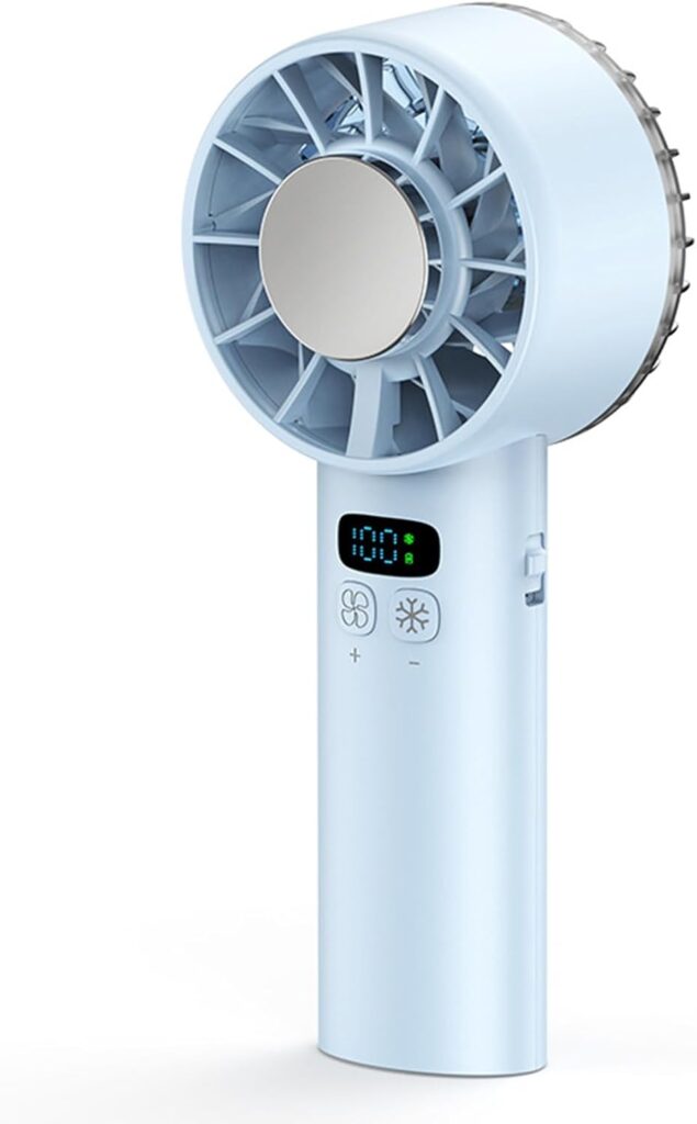 A light blue handheld portable fan with a circular blade guard, a digital display screen, and control buttons on the handle. The fan appears modern and compact in design.