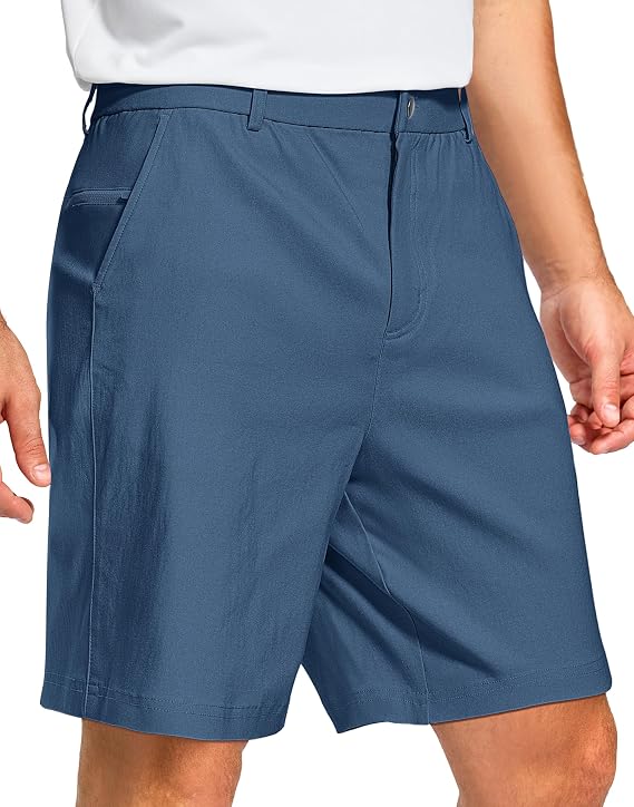 A person wearing blue knee-length shorts with a button and zip closure, belt loops, and side pockets is featured in this Wednesday Deals highlight. The person is also wearing a white shirt, but only the shorts and part of the legs are visible.