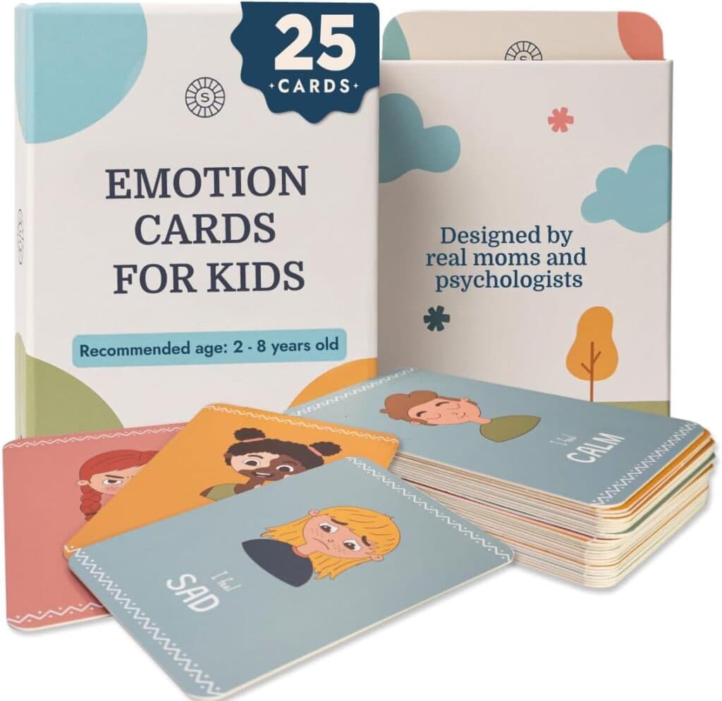 A set of 25 emotion cards for kids, recommended for ages 2-8. The cards show illustrated children expressing feelings like "Sad" and "Calm." Designed by moms and psychologists, these cards are a helpful tool for little ones—and with Wednesday Deals, it's the perfect time to add them to your collection.
