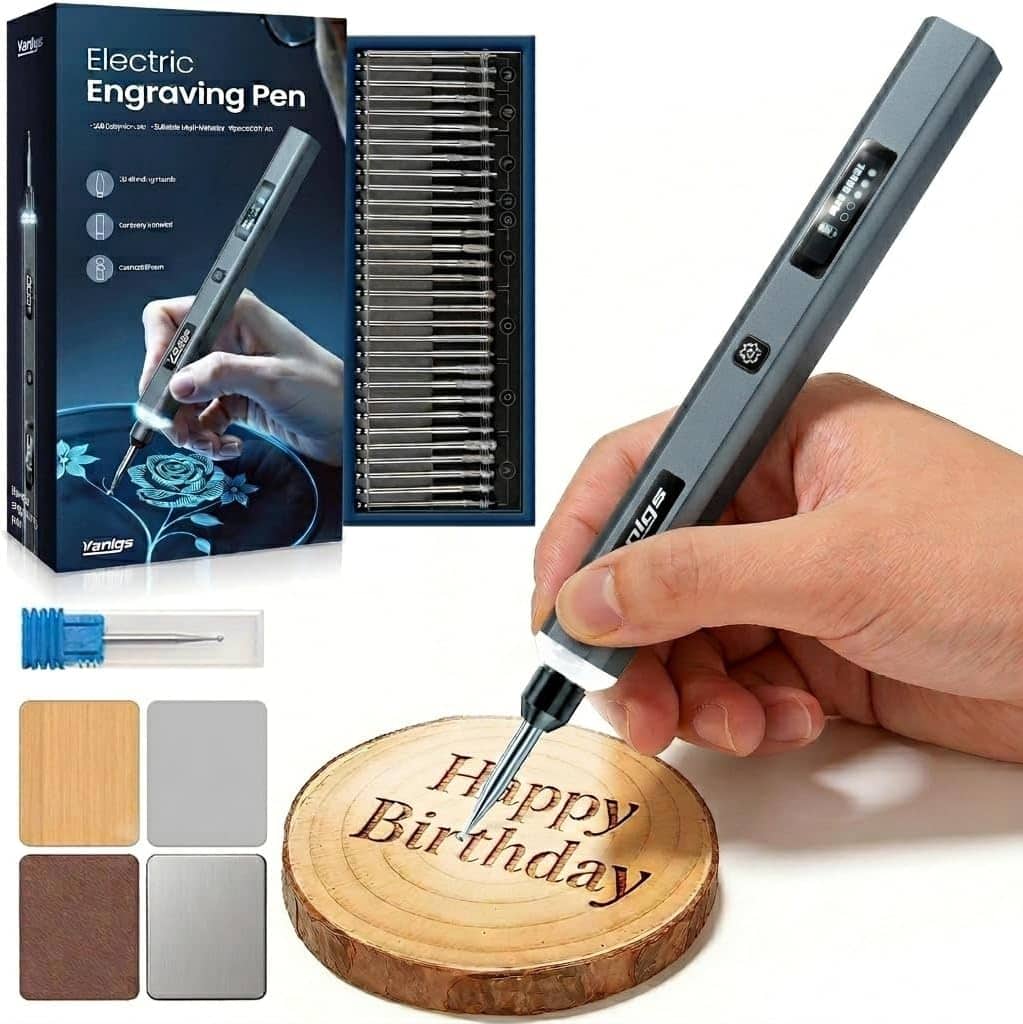 A hand uses an electric engraving pen to carve "Happy Birthday" into a wooden slice. The pen, various engraving tips, and the product box are also shown, along with sample engraved surfaces in the corner.