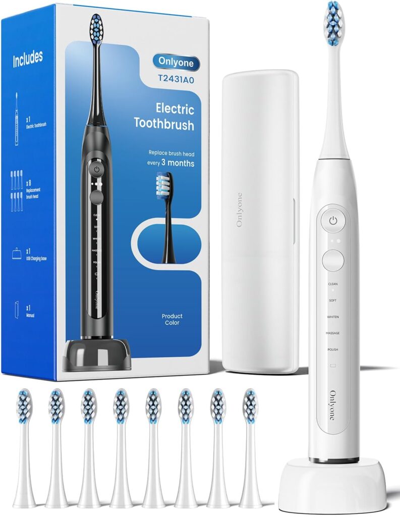 Electric toothbrush set with white handle, charging base, travel case, eight replacement brush heads, and product box. The box displays features like multiple cleaning modes and a recommendation to replace brush heads every three months.