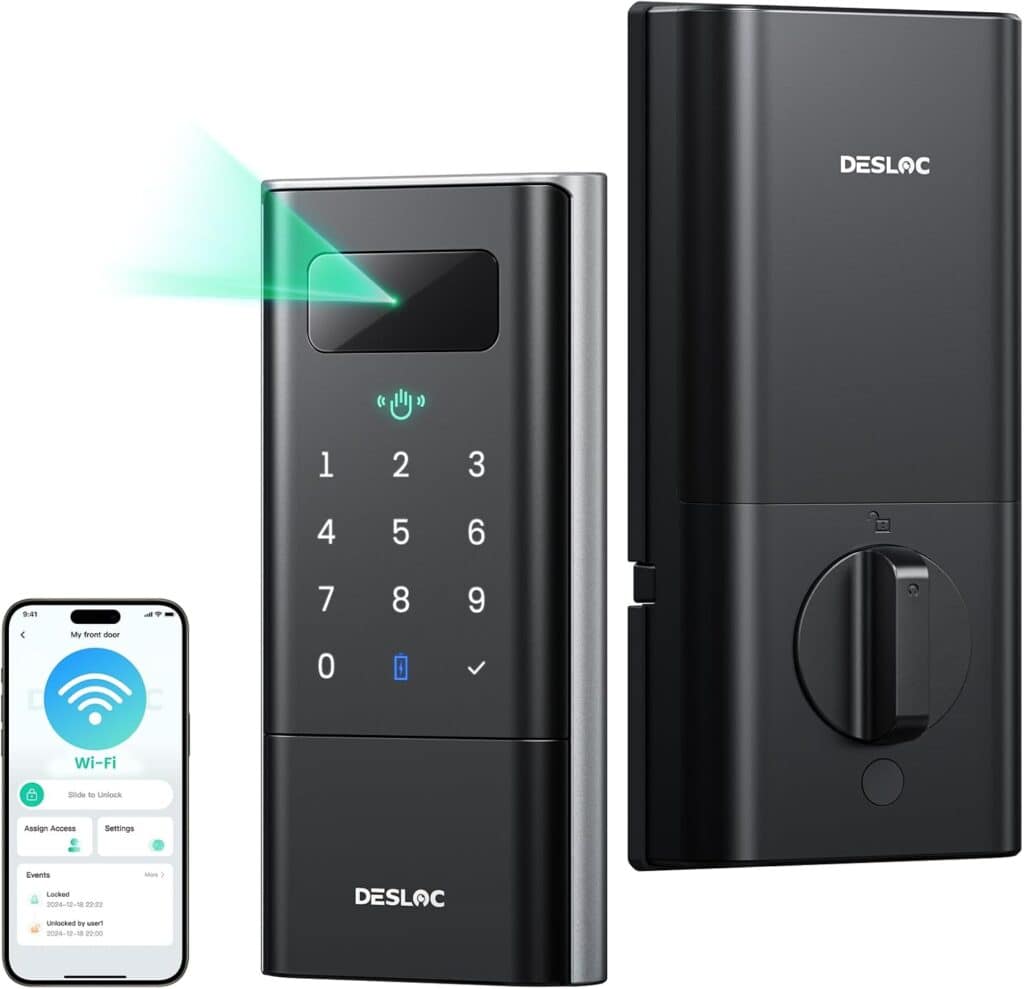 Smart door lock set with keypad, fingerprint scanner, and Wi-Fi connectivity—now featured in our exclusive Wednesday Deals. A phone screen shows the lock’s control app, while both the front and back views of the lock are displayed.