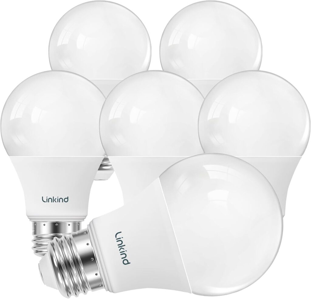Six white Linkind LED light bulbs are grouped together on a white background, with five standing upright and one lying down in the foreground displaying the Linkind logo.