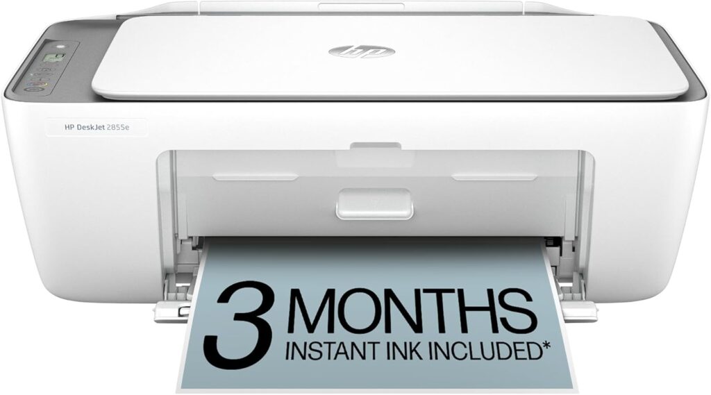 A white HP DeskJet 2655e printer with a paper coming out that reads "3 MONTHS INSTANT INK INCLUDED*" in bold, black letters, featured among the top Thursday Deals.