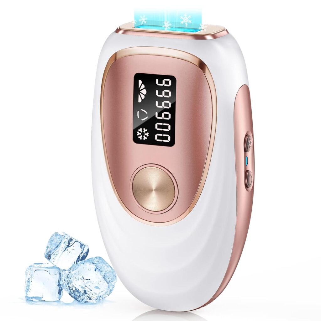 A handheld white and rose gold IPL hair removal device with a digital display showing numbers and icons, emitting a blue light. Three ice cubes are placed next to the device.