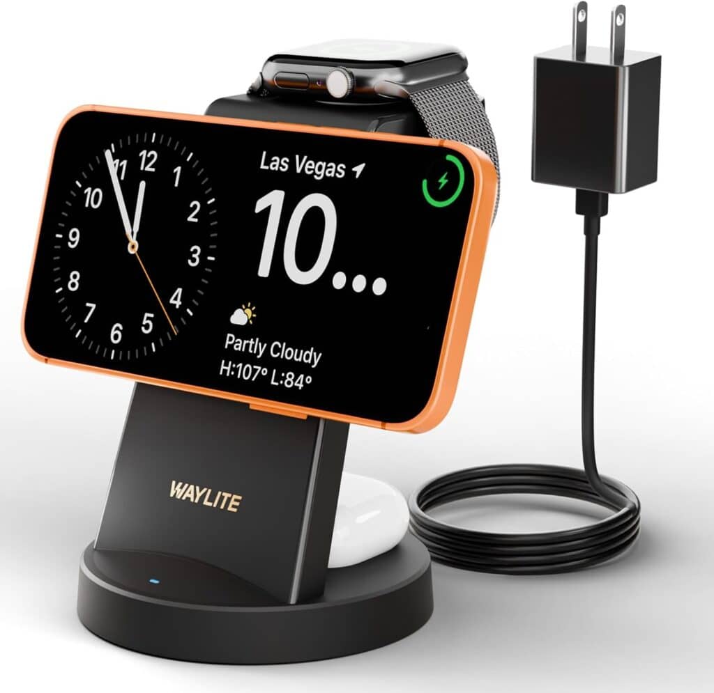 A wireless charging station with a smartphone displaying a clock and weather, a smartwatch charging on top, and wireless earbuds below; a wall charger and cable are positioned to the right.
