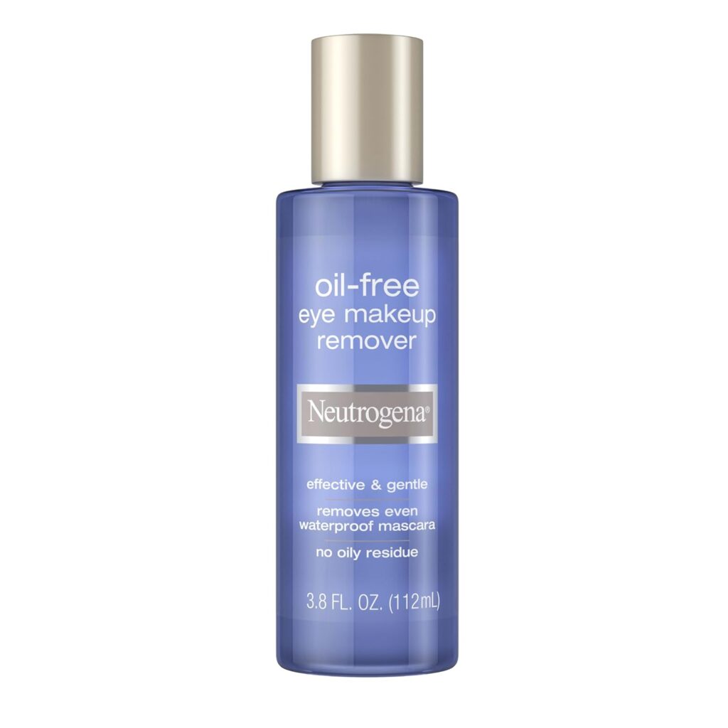 A blue 3.8 fl oz (112 mL) bottle of Neutrogena oil-free eye makeup remover with a silver cap, labeled as effective, gentle, and removes even waterproof mascara—perfect for snagging during Tuesday Deals.