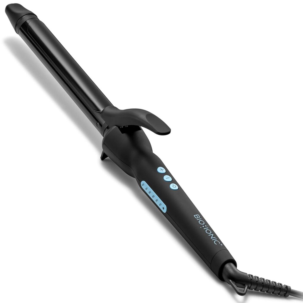 A black curling iron with a clamp and digital control buttons on the handle, labeled "Bio Ionic." The cord features a protective swivel design—perfect for styling during Monday Deals events.