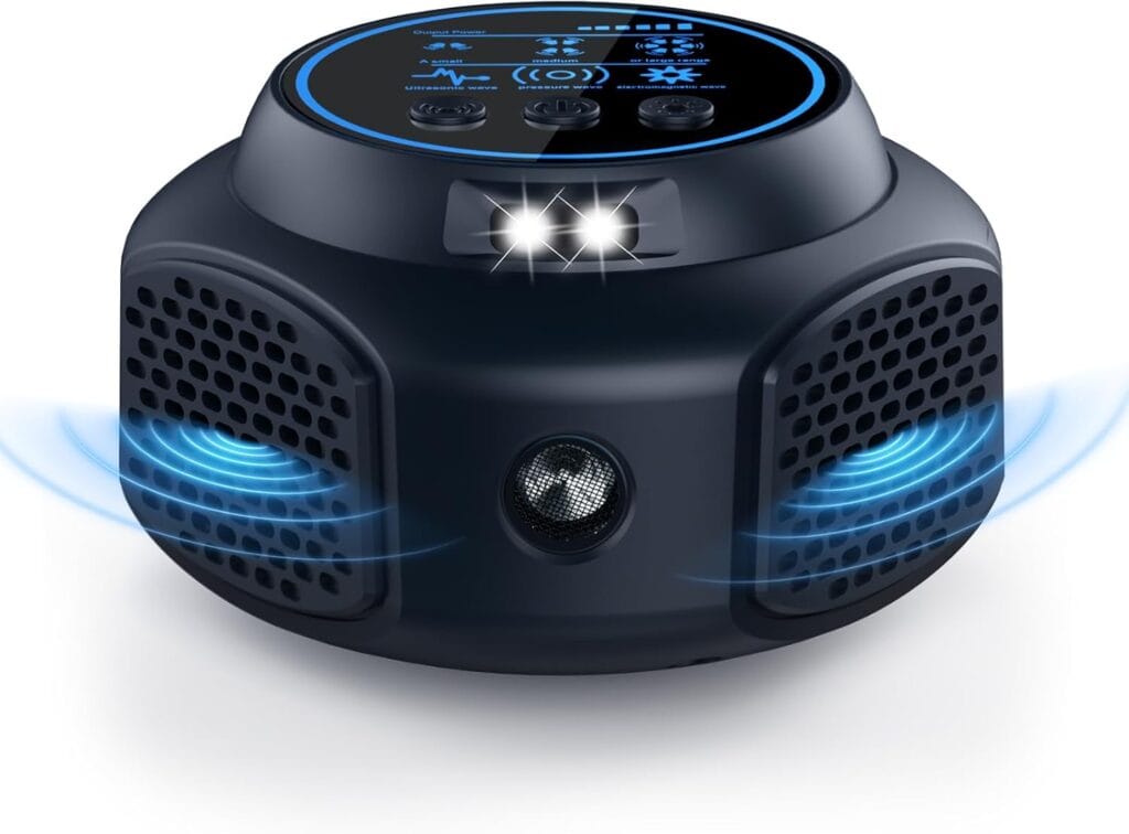 A black electronic pest repeller device with illuminated blue sound waves coming from its sides, control buttons and icons on the top, and two white LED lights on the front.