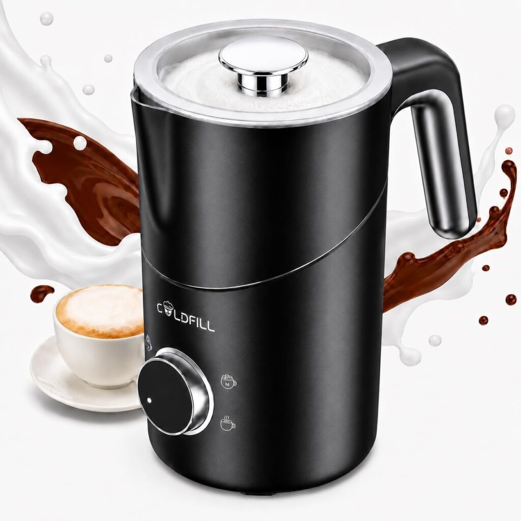 A black electric milk frother with a handle and control dial is shown, with splashes of milk and chocolate in the background and a cup of cappuccino nearby.