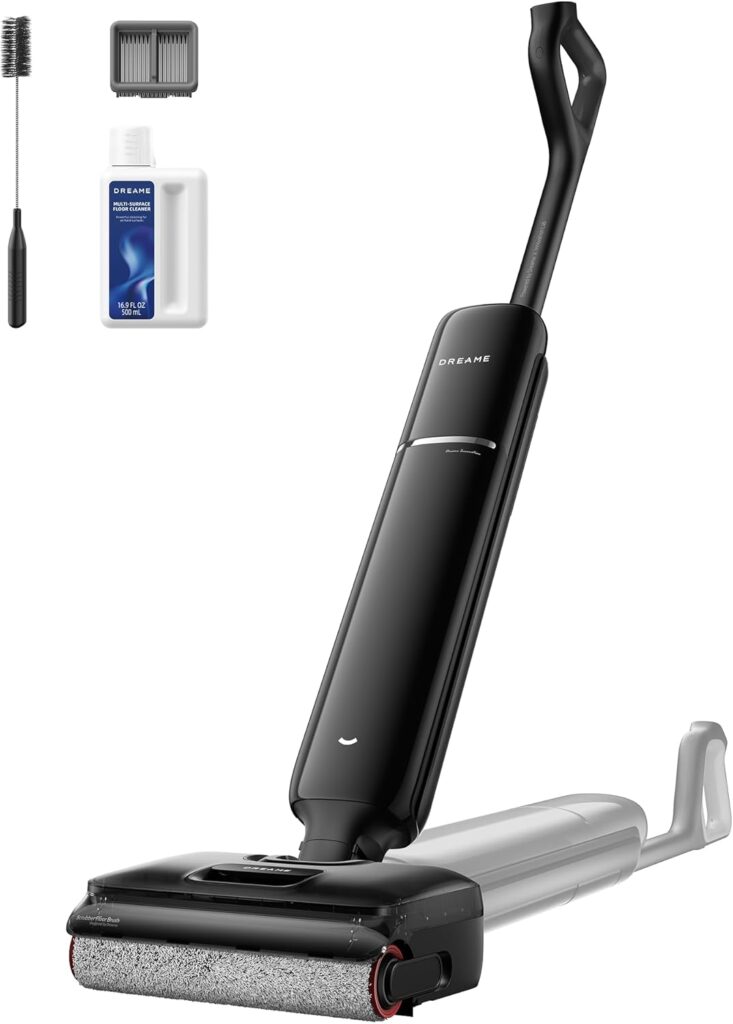 A black and gray upright vacuum cleaner with a cleaning roller, shown alongside a cleaning solution bottle, a replacement filter, and a small brush for maintenance—perfect for grabbing during Monday Deals.