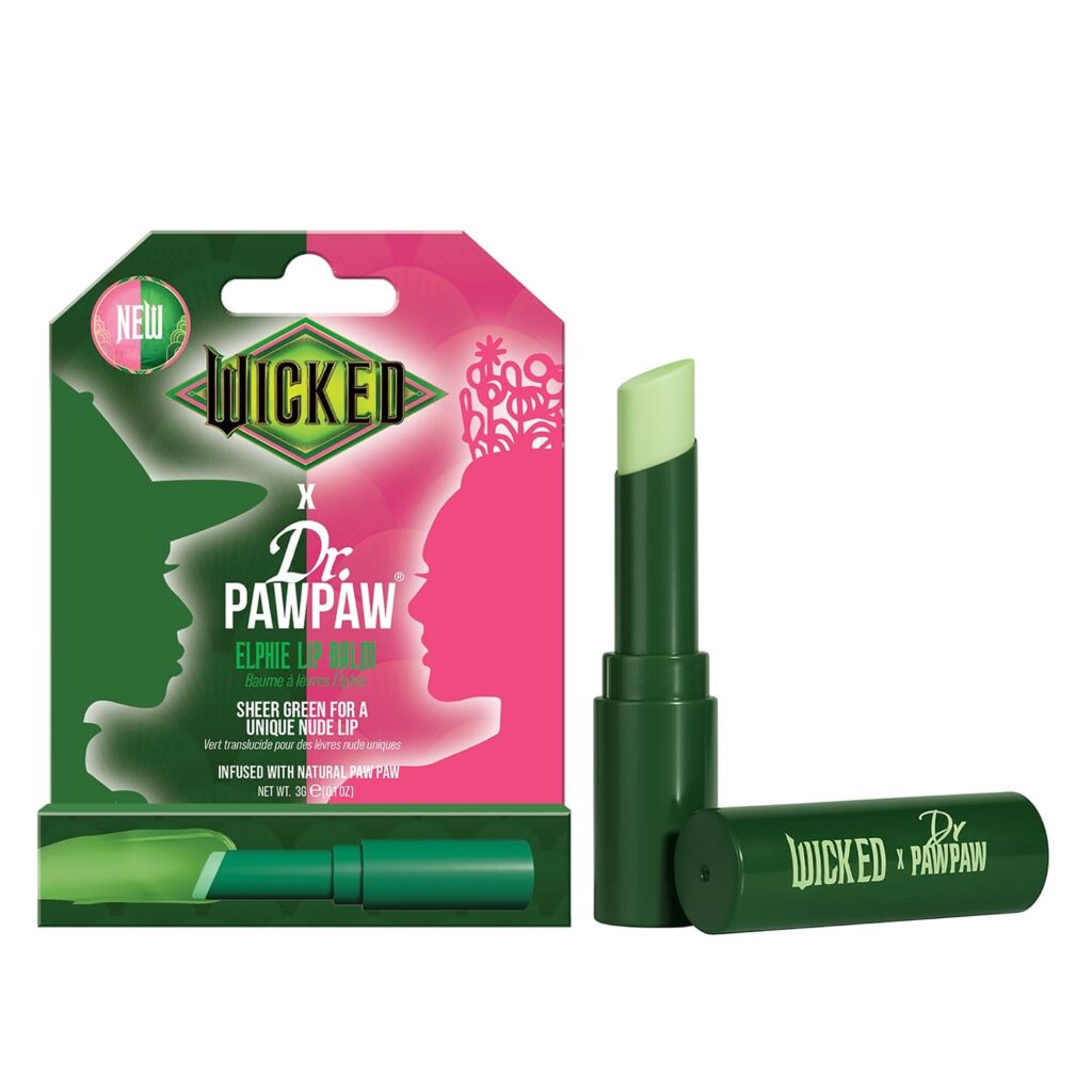 Green Dr. PAWPAW lip balm tube and cap beside its packaging, which features the Wicked musical theme, green and pink colors, and silhouettes of two faces in profile—perfect for adding to your cart during Tuesday Deals.