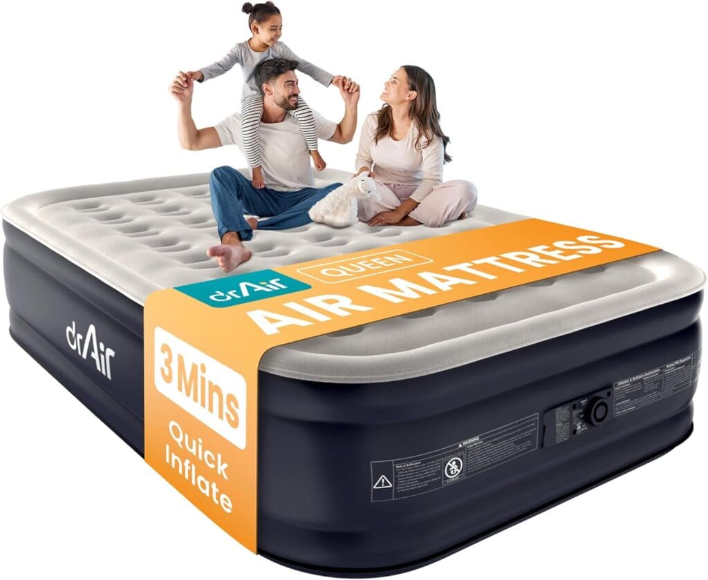 A man, woman, and child sit and smile on a queen-size elevated air mattress with a light gray top and dark sides. The packaging highlights "3 Mins Quick Inflate," the "erAir" brand, and Thursday Deals for extra savings.
