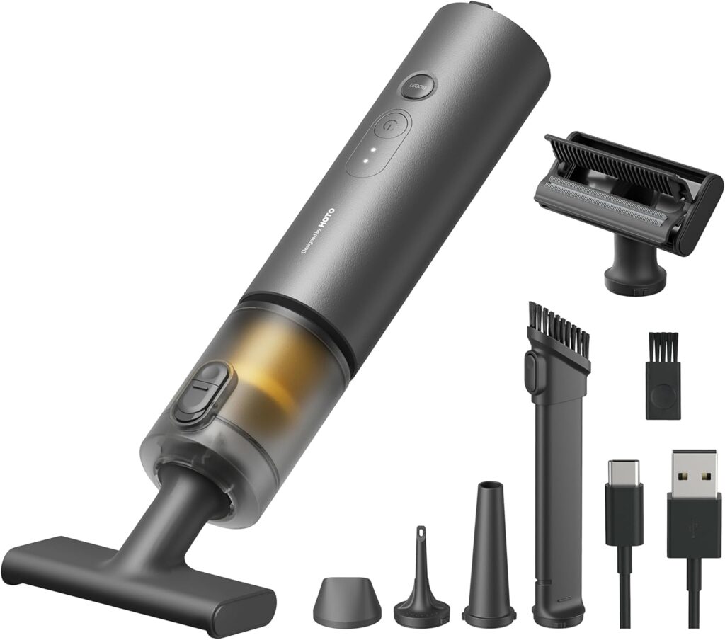 Discover incredible Tuesday Deals on this handheld cordless vacuum cleaner, featuring multiple detachable nozzles, brush attachments, and a USB charging cable—all displayed on a white background.