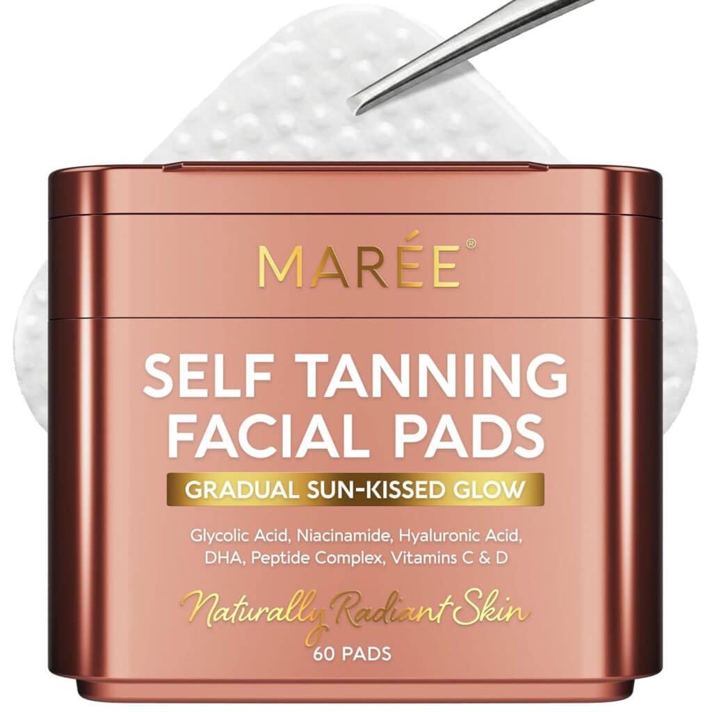 A container labeled "Marée Self Tanning Facial Pads" with a metallic rose gold finish. The lid is open, revealing white textured pads and tweezers. Shop now for a gradual sun-kissed glow and key ingredients—perfect for Thursday Deals!.
