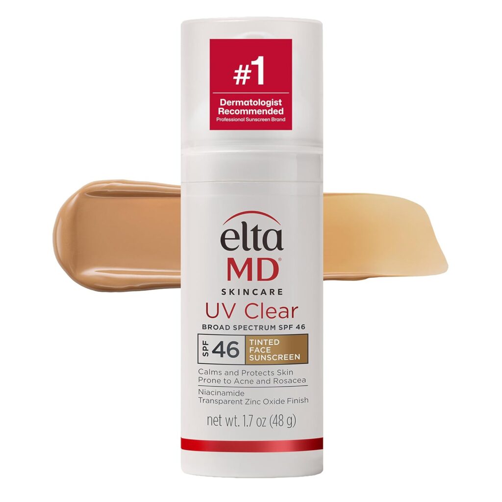 A bottle of EltaMD UV Clear Broad Spectrum SPF 46 Tinted Face Sunscreen is shown in front of a smear of tinted sunscreen. The label highlights “#1 Dermatologist Recommended” and indicates a 1.7 oz (48 g) size.