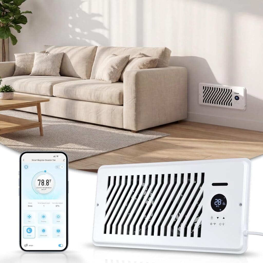A smart electric wall heater is installed in a modern living room. A smartphone displays the heater's app interface, showing temperature controls and settings—perfect for taking advantage of exclusive Wednesday Deals to upgrade your home's comfort with ease.