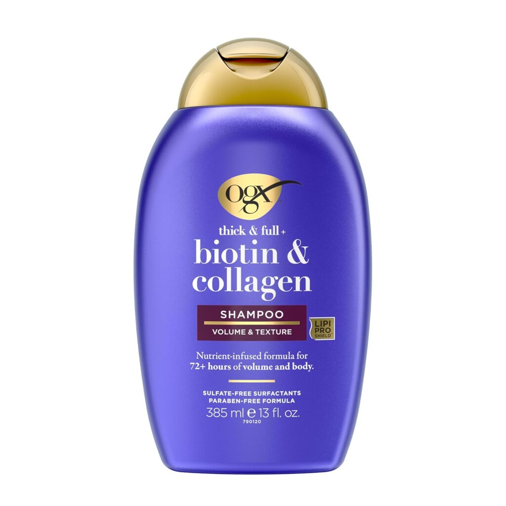 A purple bottle of OGX Thick & Full Biotin & Collagen Shampoo, labeled for volume and texture, with gold cap, holding 13 fl. oz. The sulfate-free, paraben-free formula is perfect for Monday Deals on hair care essentials.