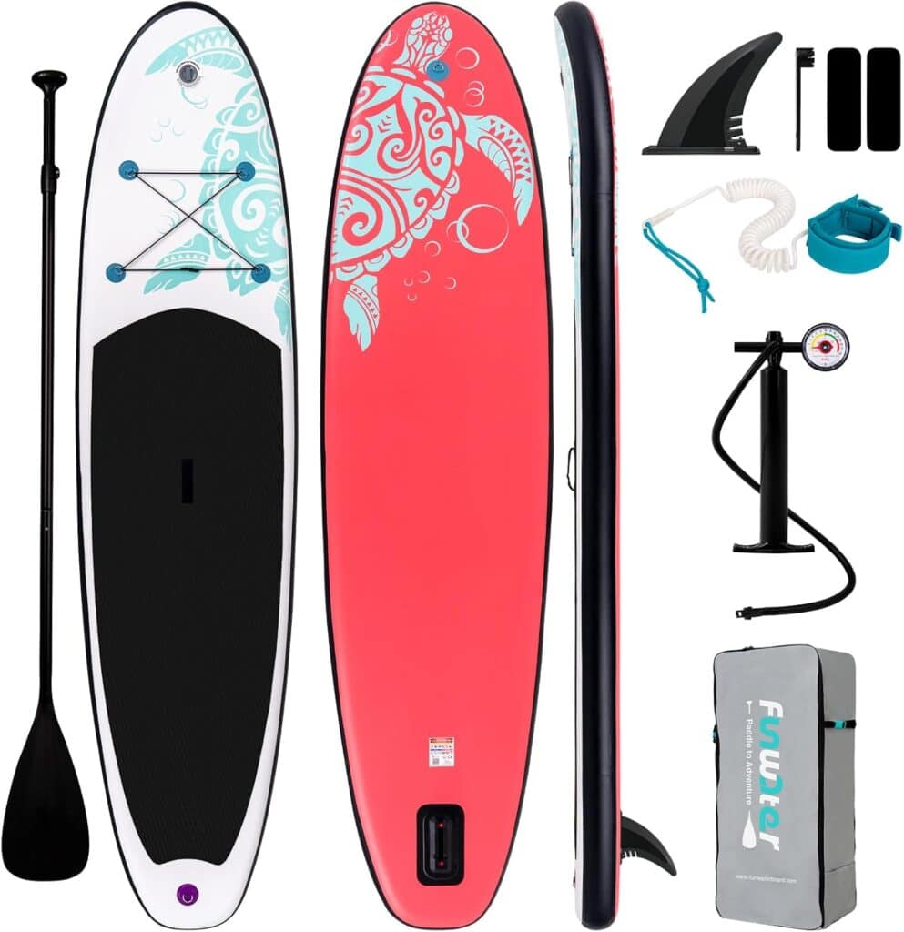 A stand-up paddleboard set, including a board with turtle graphics, paddle, fin, safety leash, manual pump, repair kit, and a gray carrying bag with "FunWater" branding.