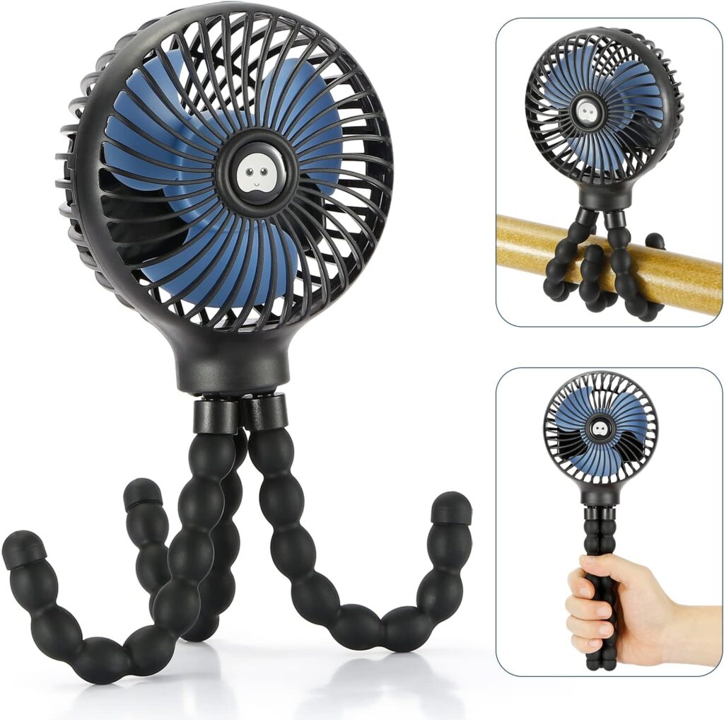 A portable fan with flexible, tripod-like legs is shown. It has blue blades inside a black grill. Insets display the fan wrapped around a pole and being held in a hand for versatile use.