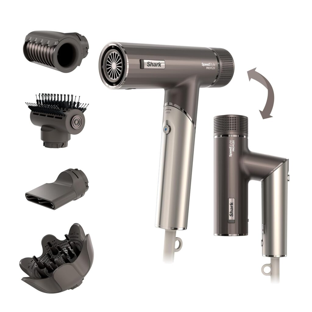 A metallic Shark brand hair dryer with a foldable handle is shown with five versatile attachments—perfect for Monday Deals shoppers—including a smoothing nozzle, styling brush, concentrator, diffuser, and curling attachment.